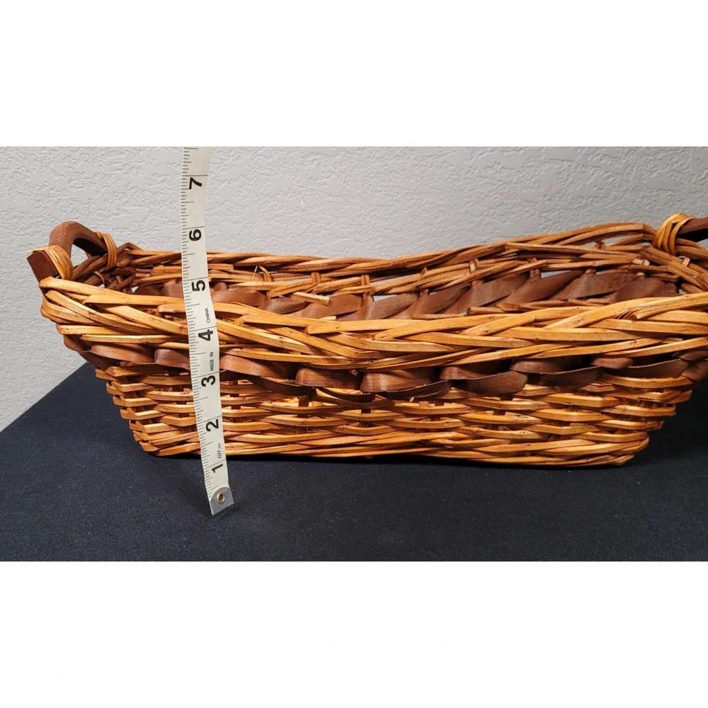 Vintage 1980s Wicker and Chipwood Rectangular Serving Basket with Wood Handles